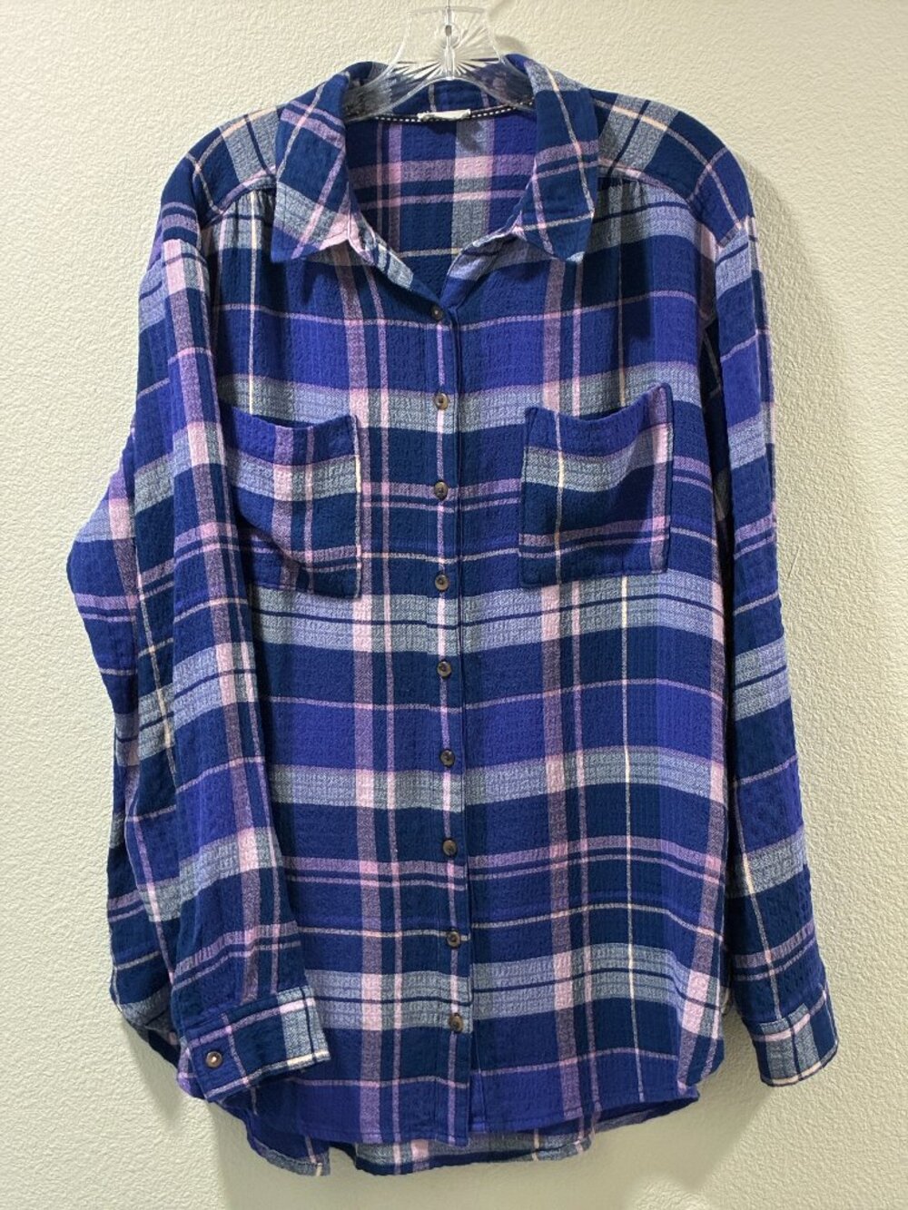 ANTHROPOLOGIE PILCRO The Hadley Purple Plaid Button Front Tunic Shirt Women L